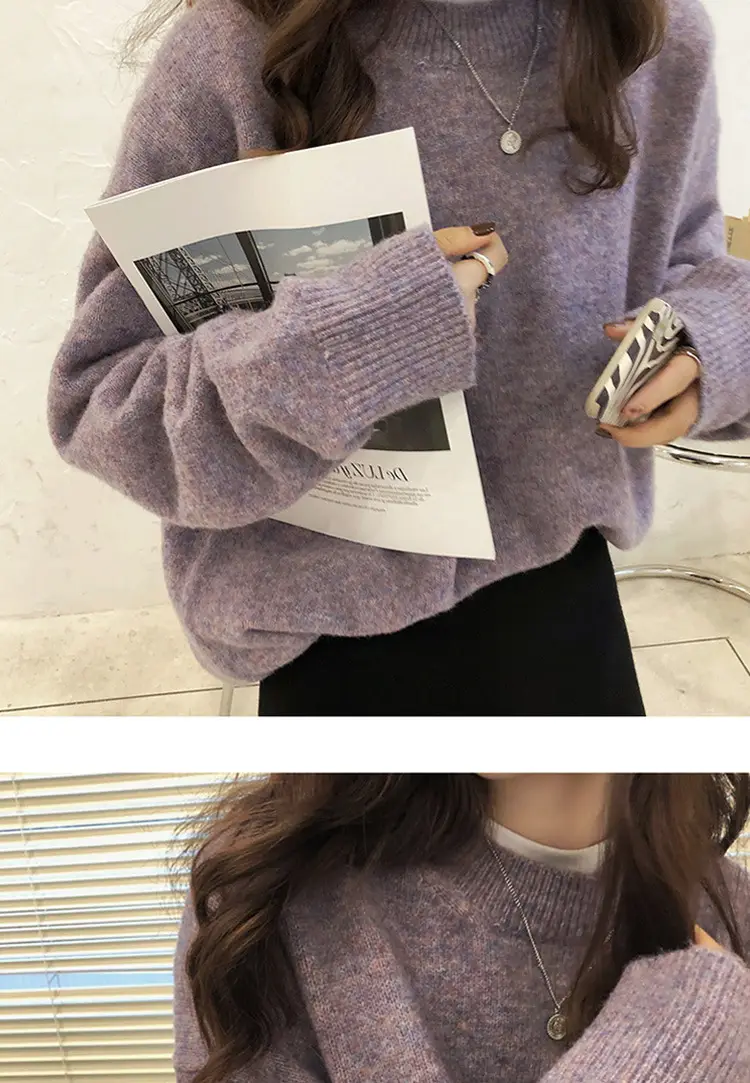 Women Loose Retro Knit Sweater Purple Winter — feature 38