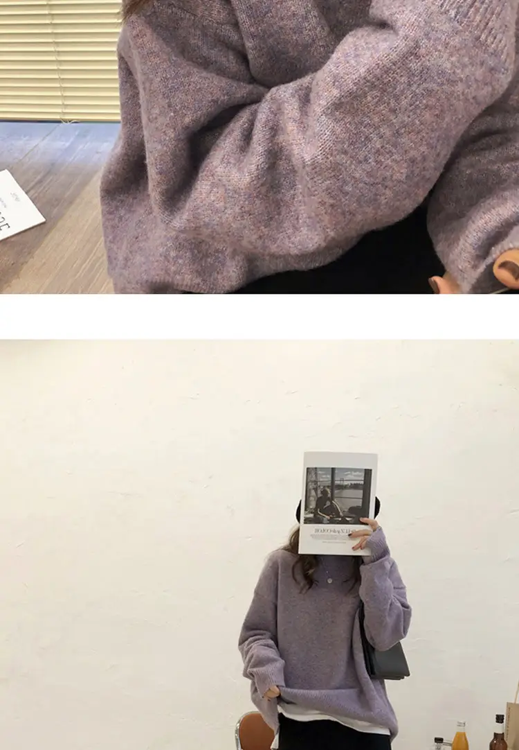 Women Loose Retro Knit Sweater Purple Winter — feature 39