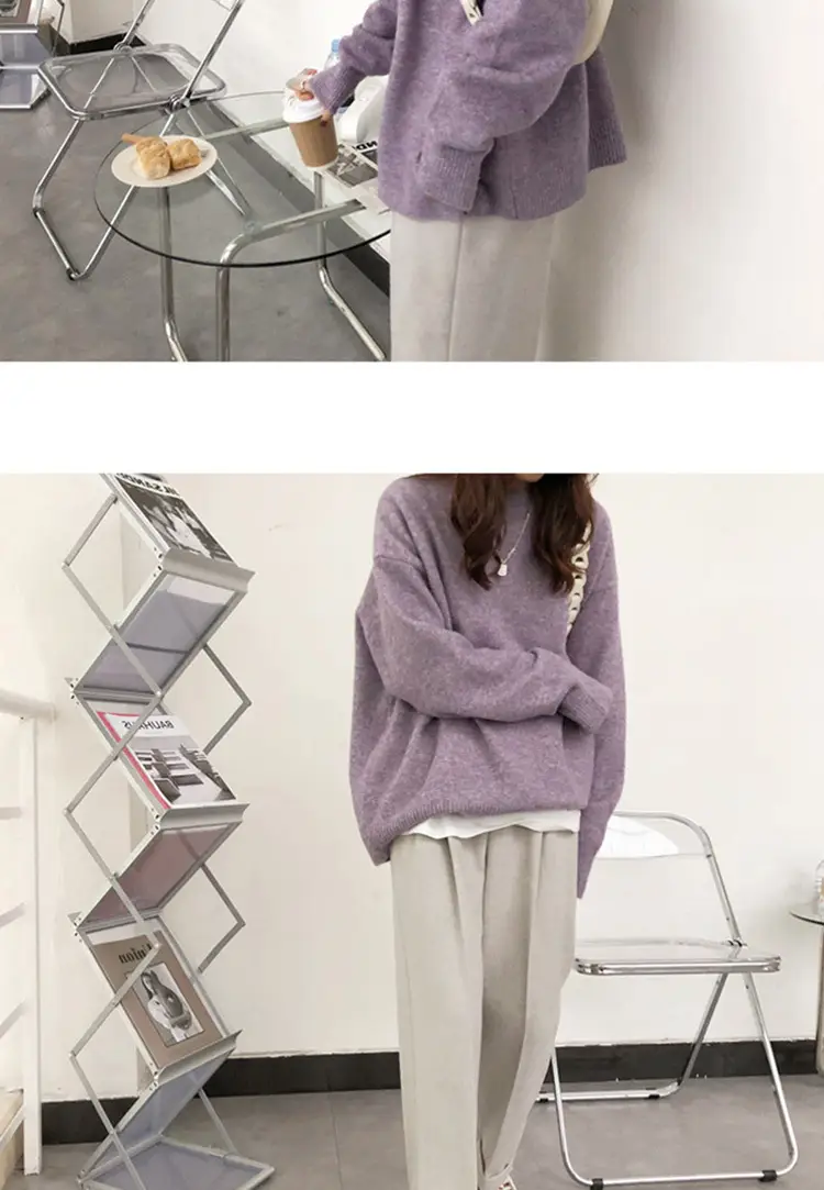 Women Loose Retro Knit Sweater Purple Winter — feature 41