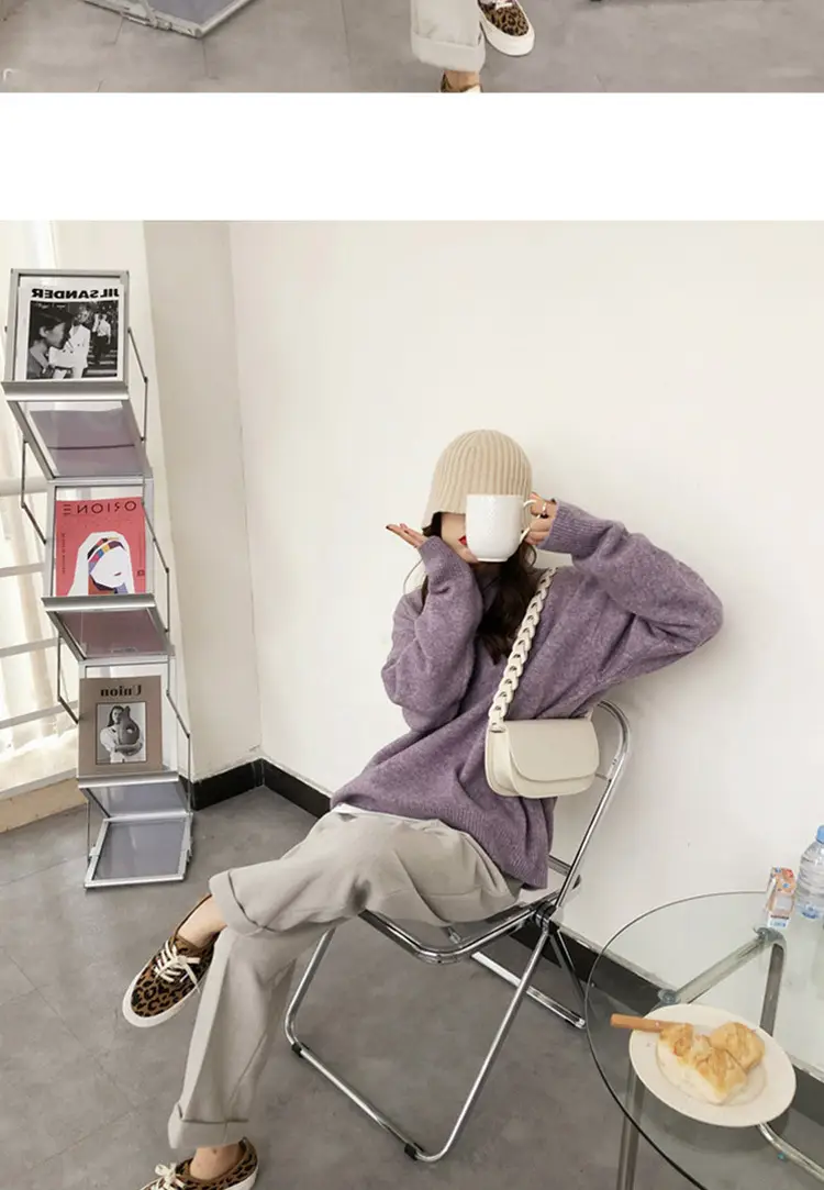 Women Loose Retro Knit Sweater Purple Winter — feature 42