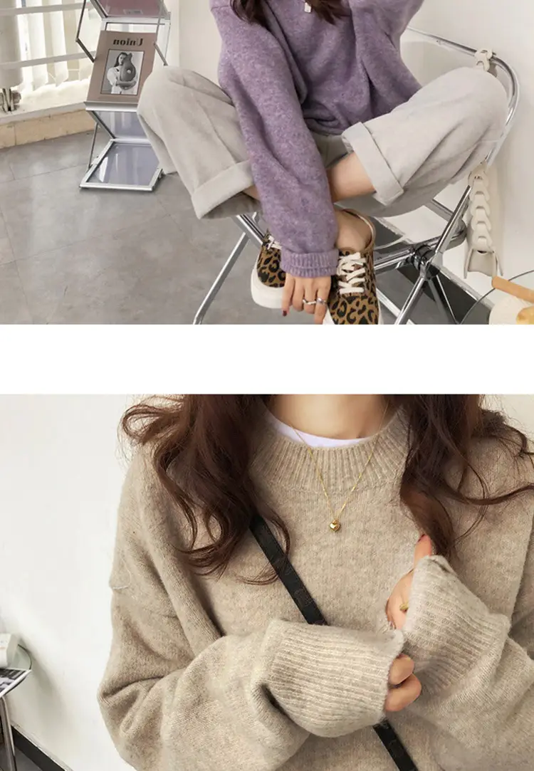 Women Loose Retro Knit Sweater Purple Winter — feature 46