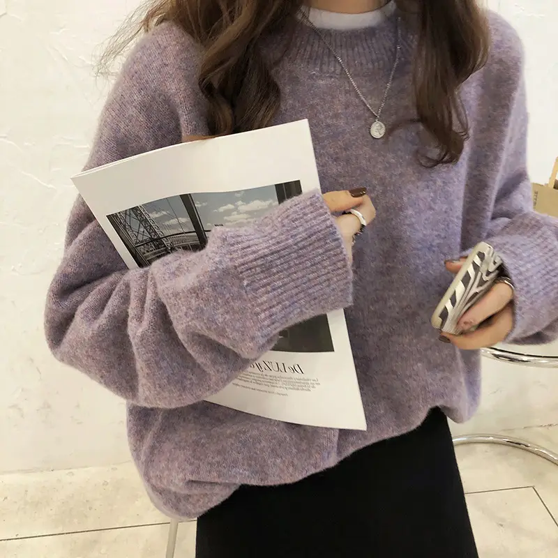Women Loose Retro Knit Sweater Purple Winter - Image 2