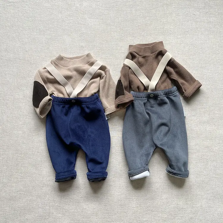 Baby Fleece Suspenders Winter Pants Beige Korean - Image 8