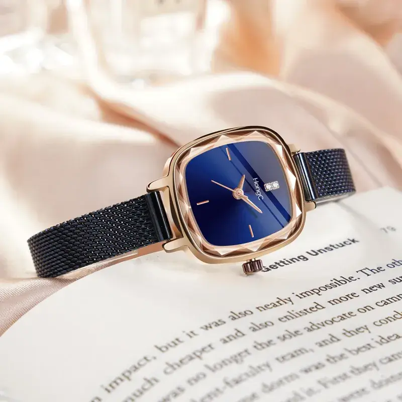 Blue Square Watch with Gold Plated Case & Black Belt - Image 2