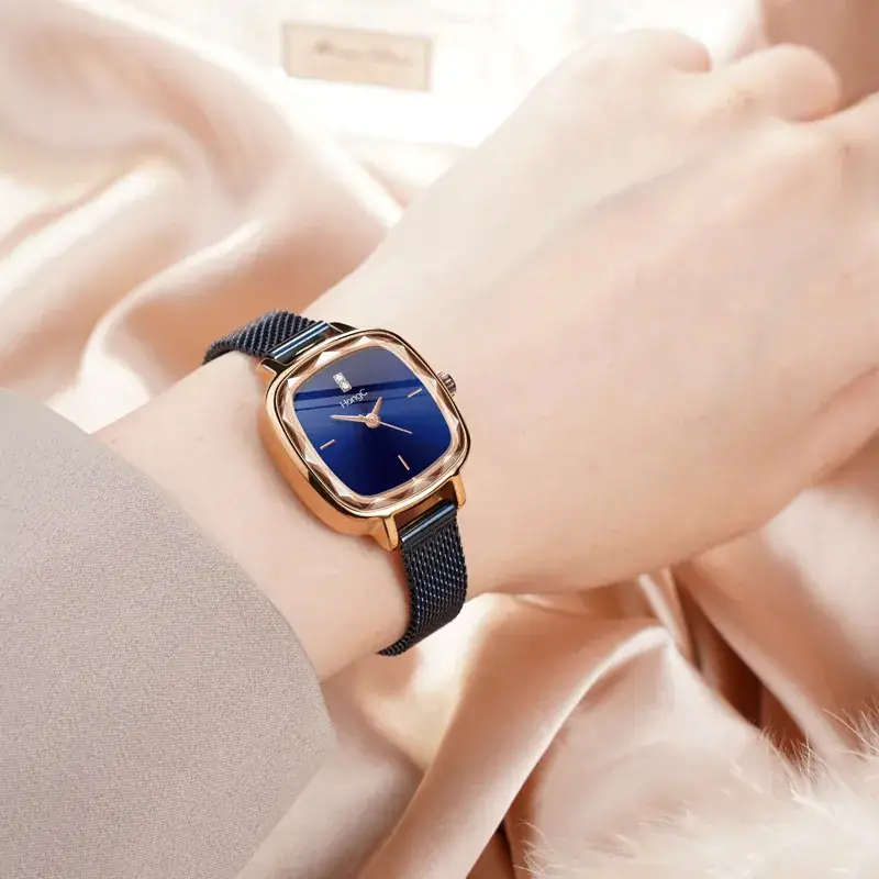 Blue Square Watch with Gold Plated Case & Black Belt - Image 3