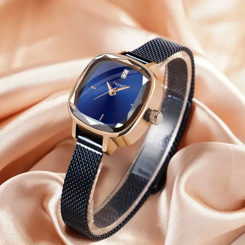 Blue Square Watch with Gold Plated Case & Black Belt - Image 4