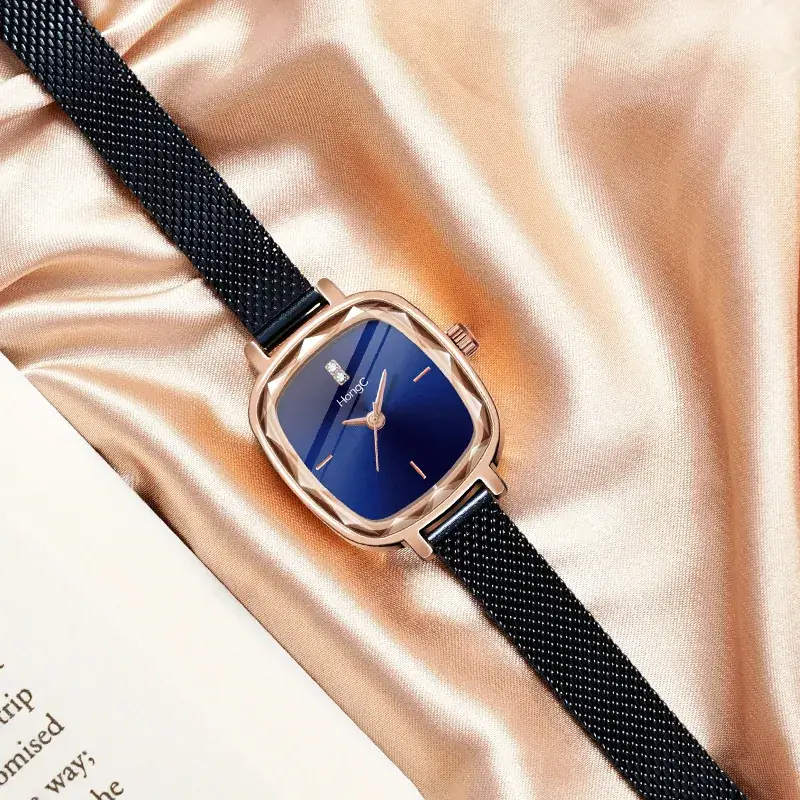 Blue Square Watch with Gold Plated Case & Black Belt - Image 5