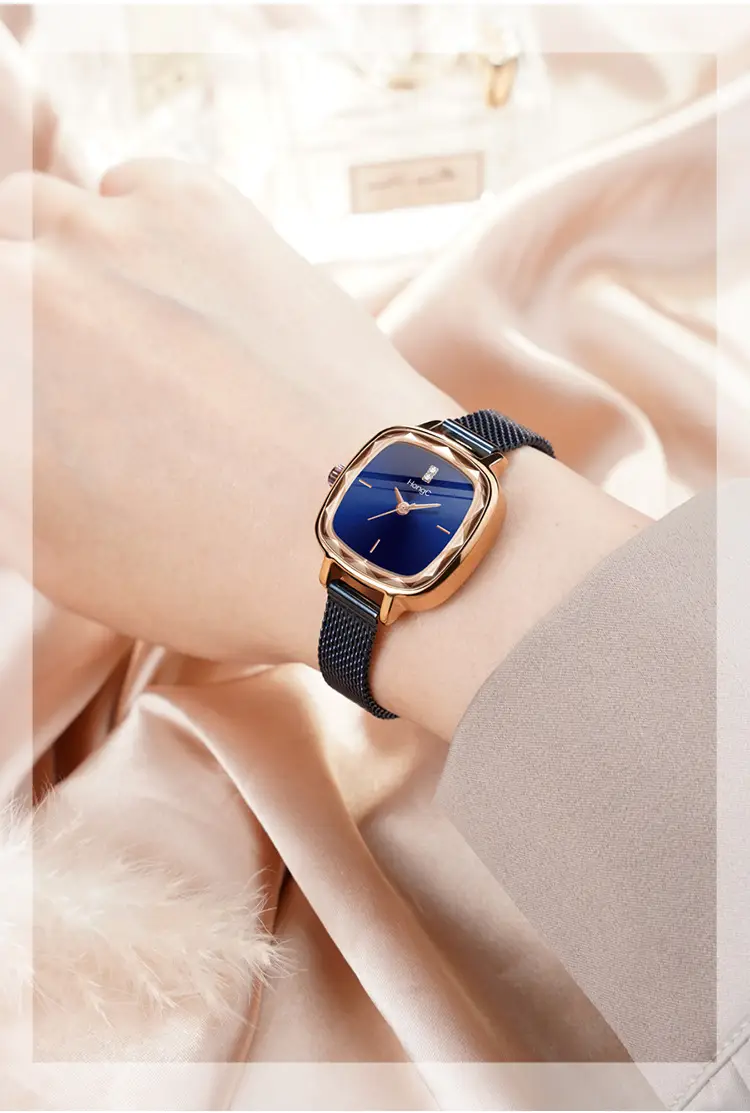 Blue Square Watch with Gold Plated Case & Black Belt — feature 7