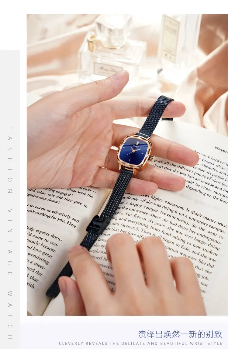 Blue Square Watch with Gold Plated Case & Black Belt — feature 8