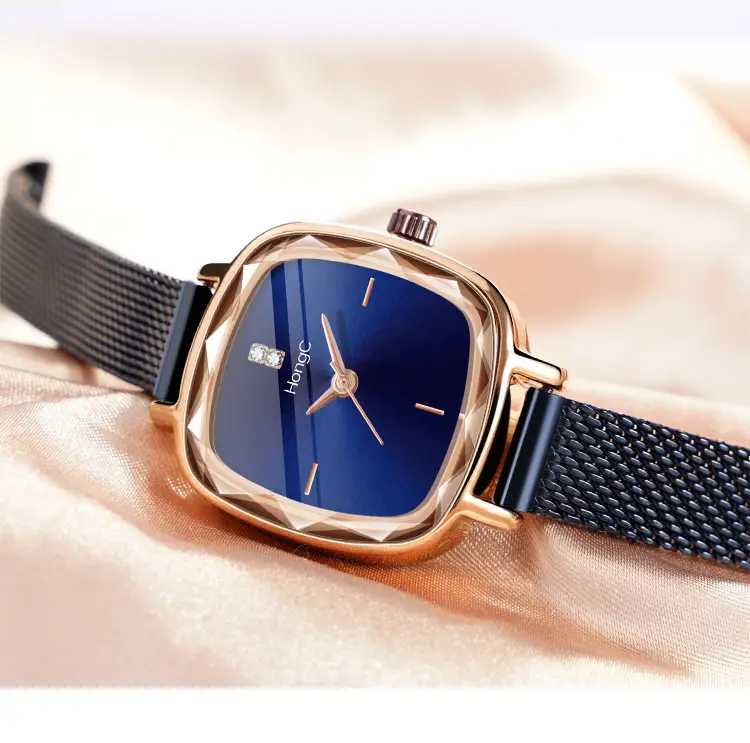 Blue Square Watch with Gold Plated Case & Black Belt — feature 9