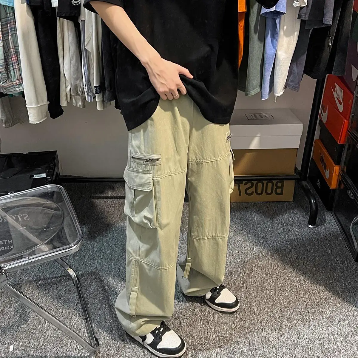 Men's Solid Color Cargo Pants Large Pocket Straight Leg - Image 5