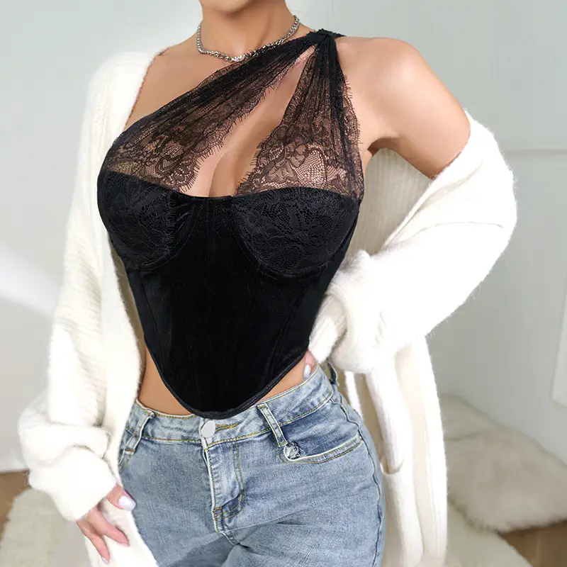 Black Lace Fish Bone Belted Waist Slimming Vest for Women — feature 15