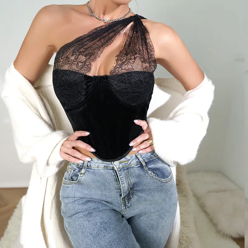 Black Lace Fish Bone Belted Waist Slimming Vest for Women — feature 17