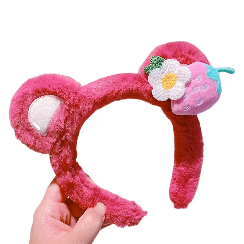 Cute Strawberry Bear Ear Plush Hairband Rose Red - Image 2