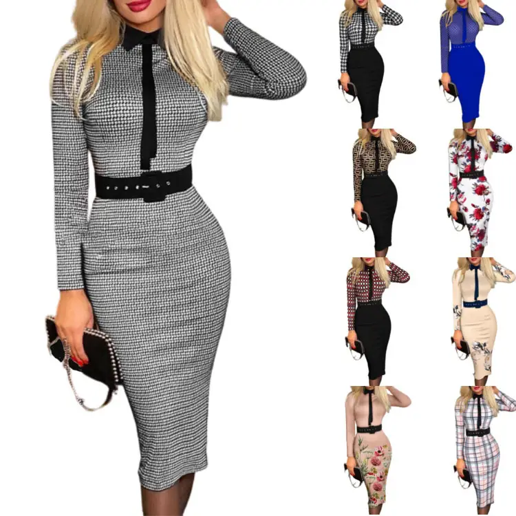 2023 Black Houndstooth Belt Dress Long Sleeve Skirt - Image 8