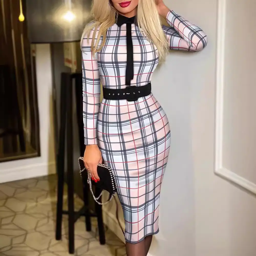 2023 Black Houndstooth Belt Dress Long Sleeve Skirt - Image 10