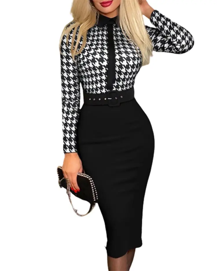 2023 Black Houndstooth Belt Dress Long Sleeve Skirt — feature 4