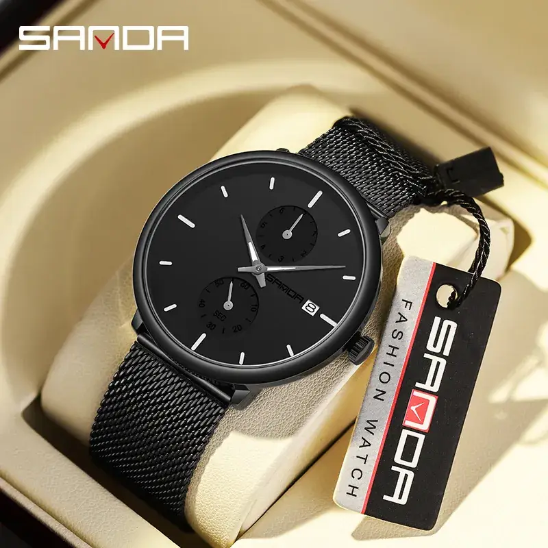 Sanda Men's Black Quartz Watch with 3 Subdials - Image 10