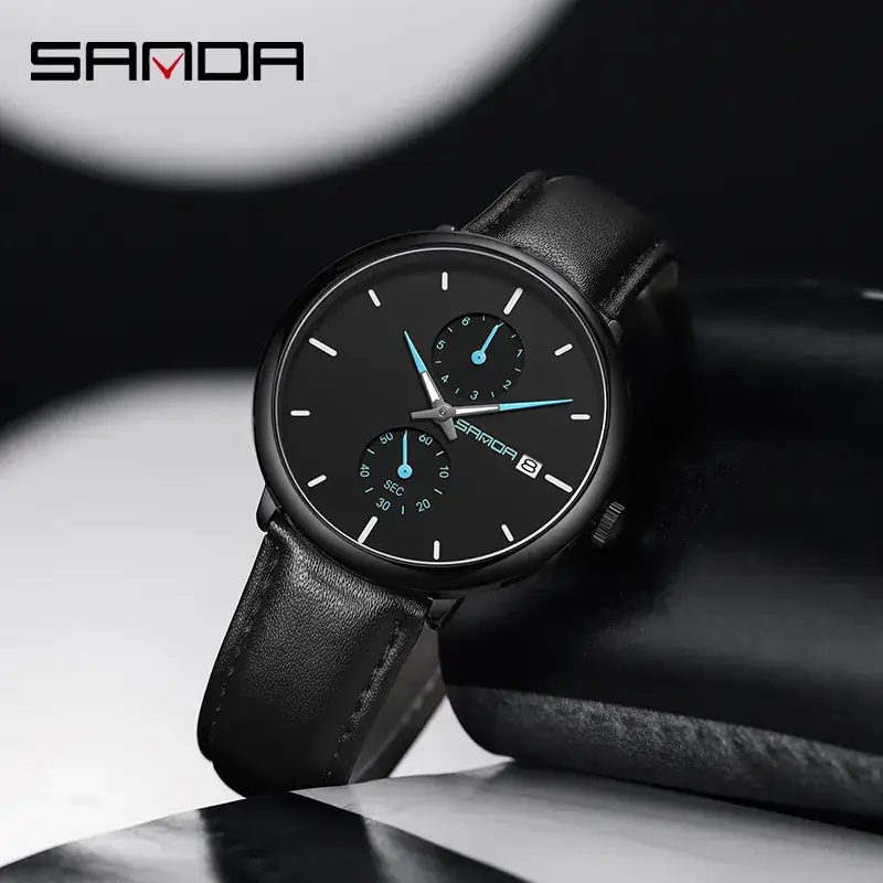 Sanda Men's Black Quartz Watch with 3 Subdials - Image 11