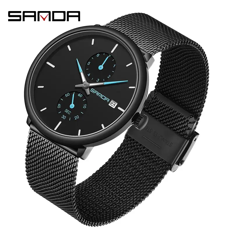 Sanda Men's Black Quartz Watch with 3 Subdials - Image 13