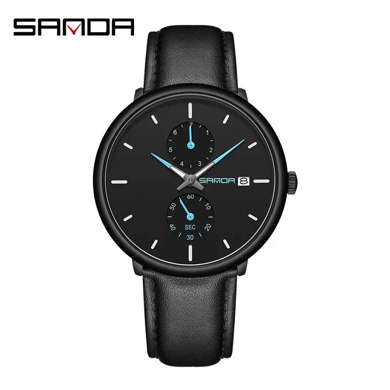Sanda Men's Black Quartz Watch with 3 Subdials - Image 3