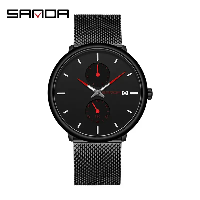 Sanda Men's Black Quartz Watch with 3 Subdials - Image 8