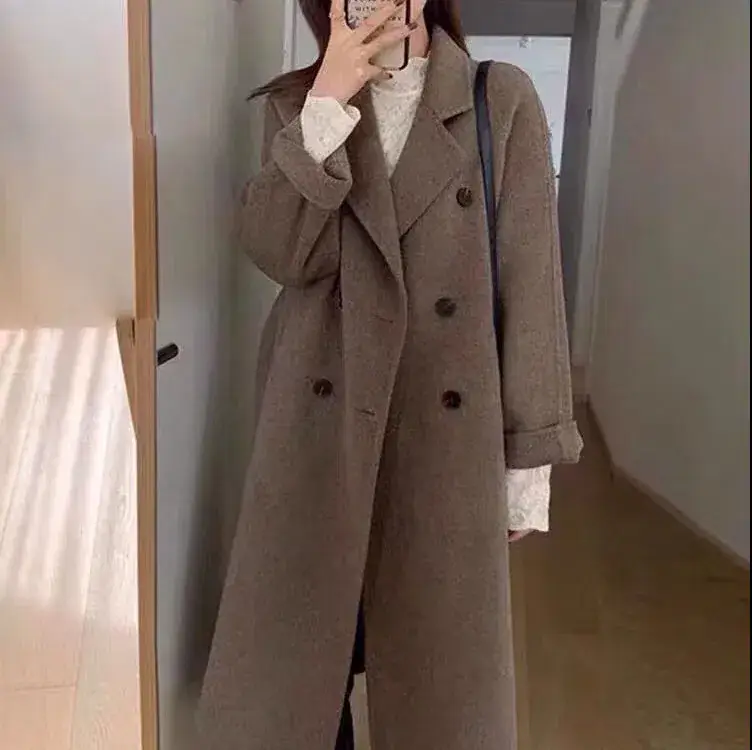 Women Woolen Double-Breasted Coat Black Mid-Length 2023 - Image 11