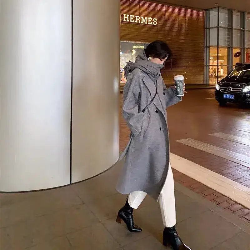 Women Woolen Double-Breasted Coat Black Mid-Length 2023 - Image 8