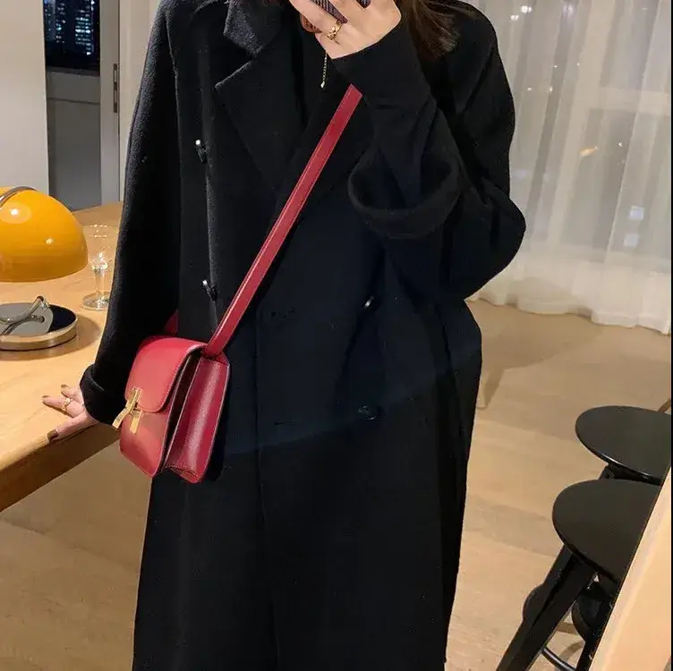 Women Woolen Double-Breasted Coat Black Mid-Length 2023 - Image 9