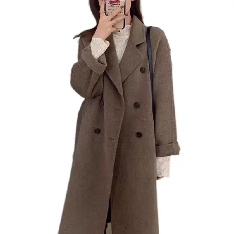 Women Woolen Double-Breasted Coat Black Mid-Length 2023 - Image 10