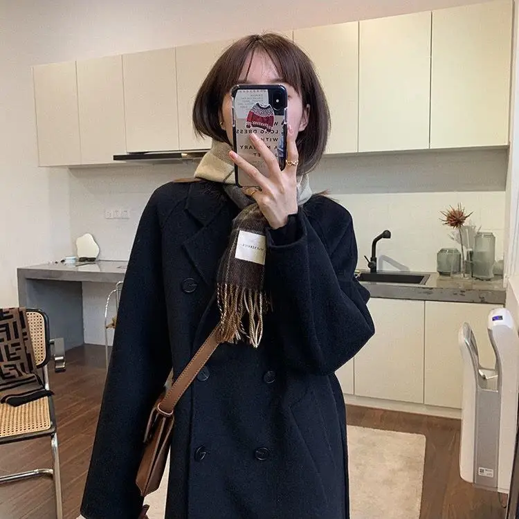 Women Woolen Double-Breasted Coat Black Mid-Length 2023 — feature 5