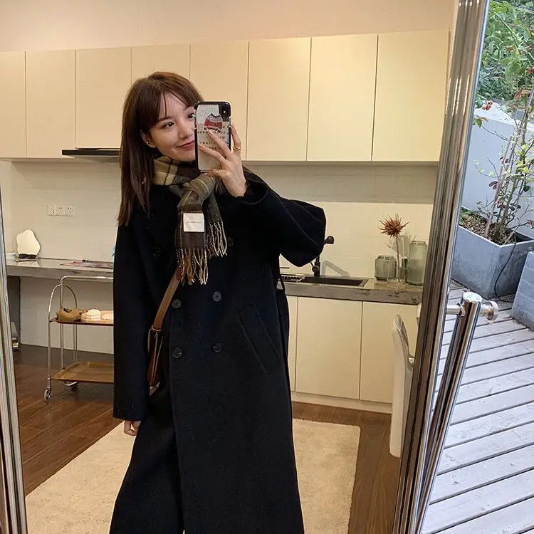 Women Woolen Double-Breasted Coat Black Mid-Length 2023 — feature 6