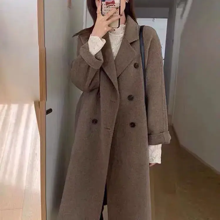 Women Woolen Double-Breasted Coat Black Mid-Length 2023 - Image 3