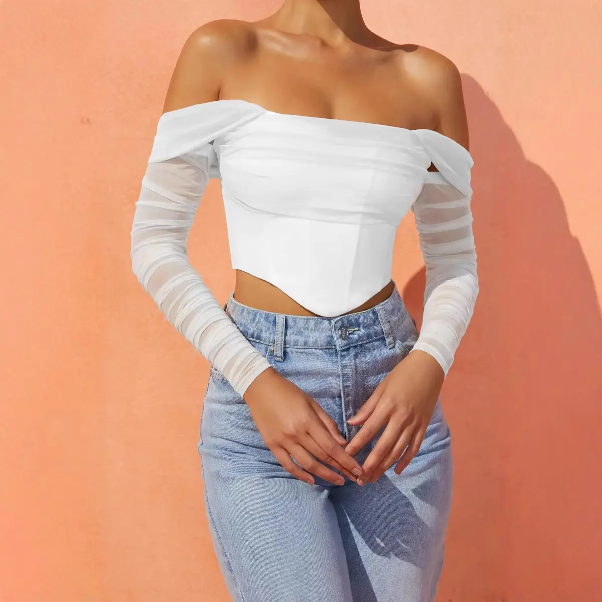 Women's Red Mesh One-Collar Top with Long Sleeves