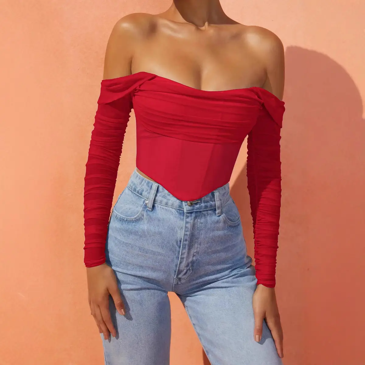 Women's Red Mesh One-Collar Top with Long Sleeves