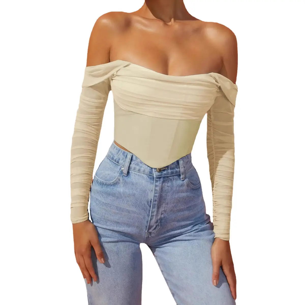 Women's Red Mesh One-Collar Top with Long Sleeves