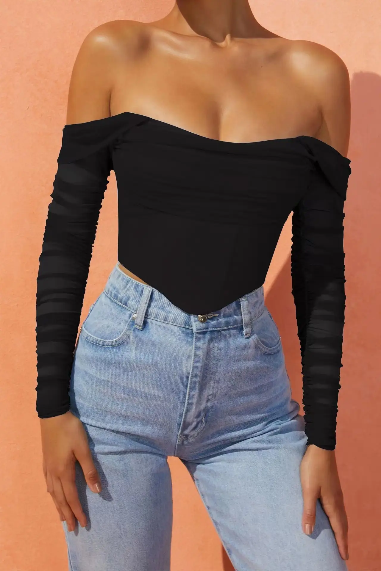 Women's Red Mesh One-Collar Top with Long Sleeves