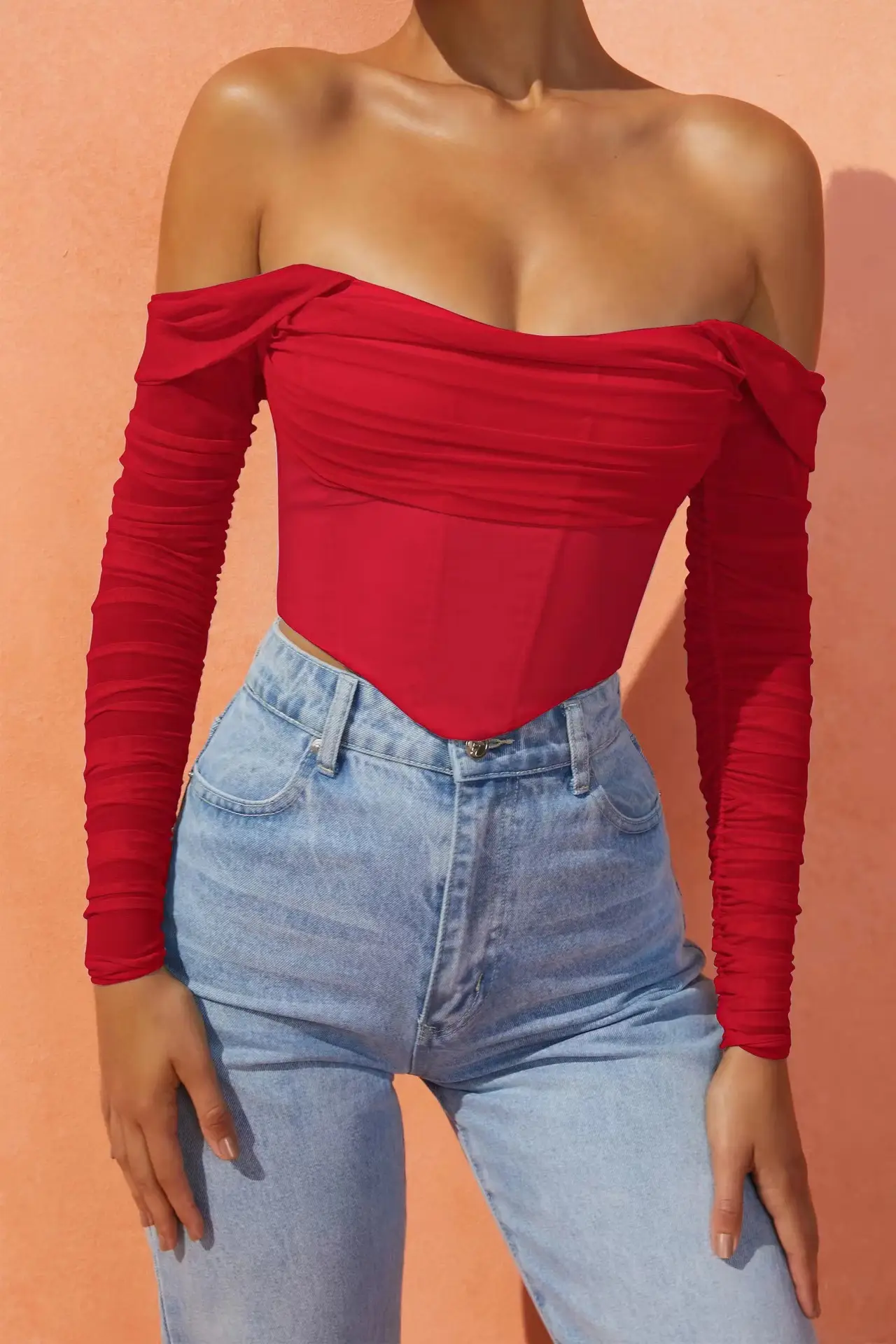 Women's Red Mesh One-Collar Top with Long Sleeves