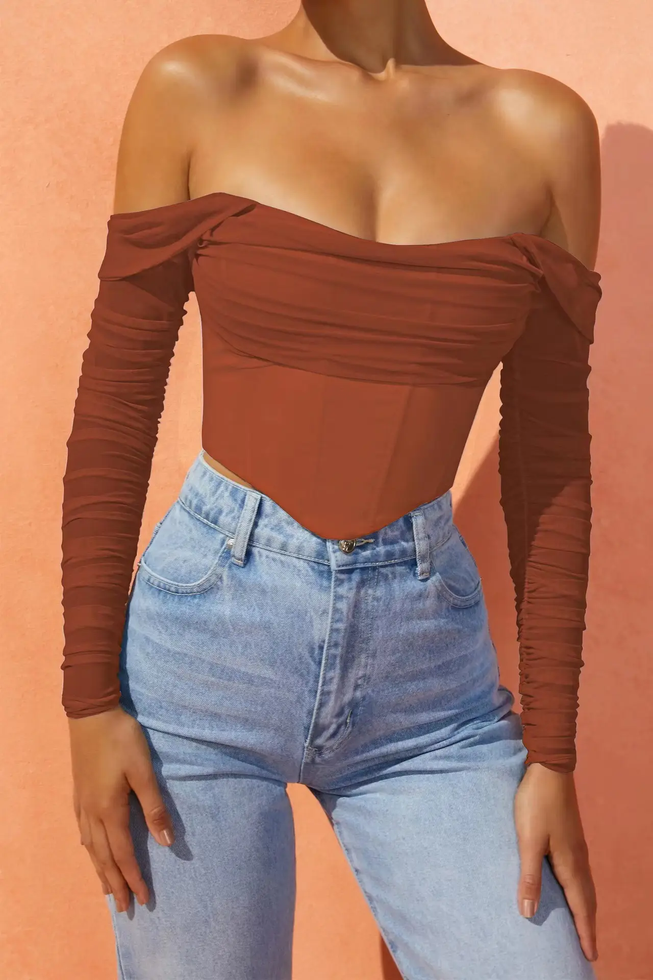 Women's Red Mesh One-Collar Top with Long Sleeves