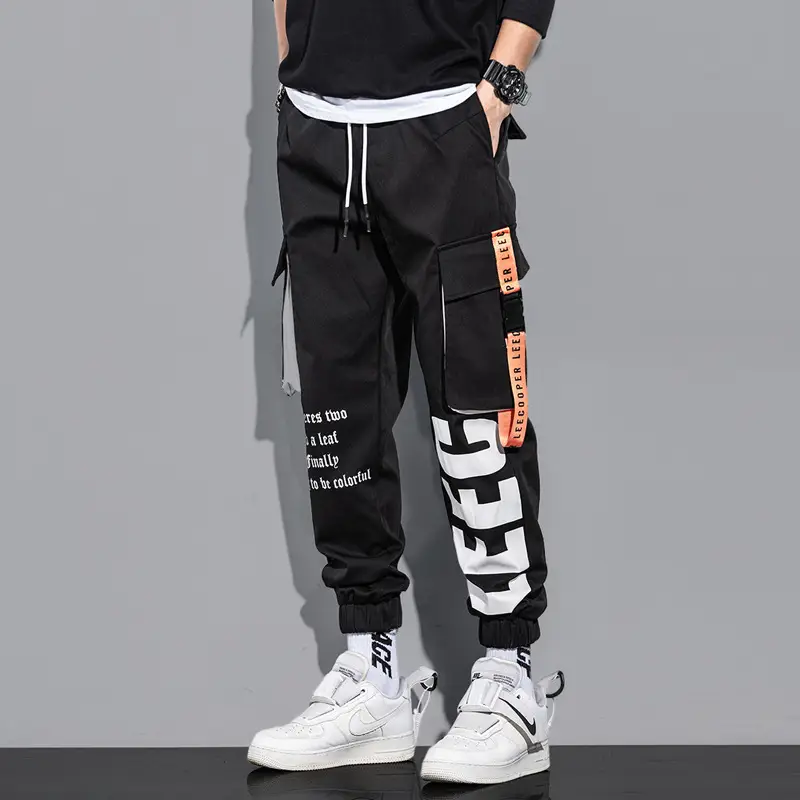 Men Black Multi-Pocket Letter Croc Pants - Image 3