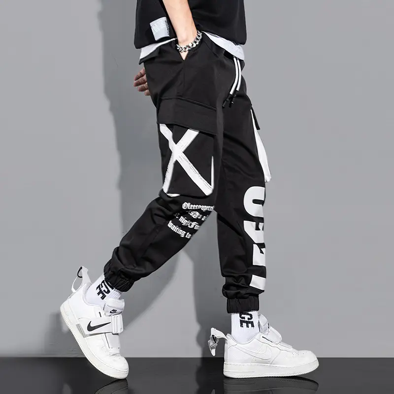 Men Black Multi-Pocket Letter Croc Pants - Image 4