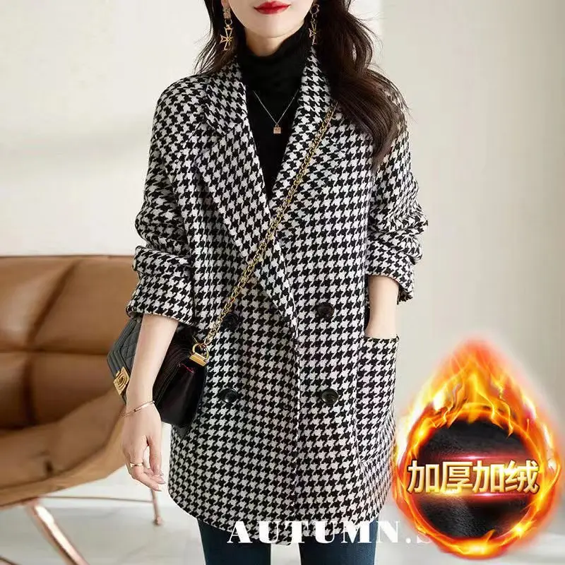 Women Houndstooth Woolen Jacket Autumn Winter Large