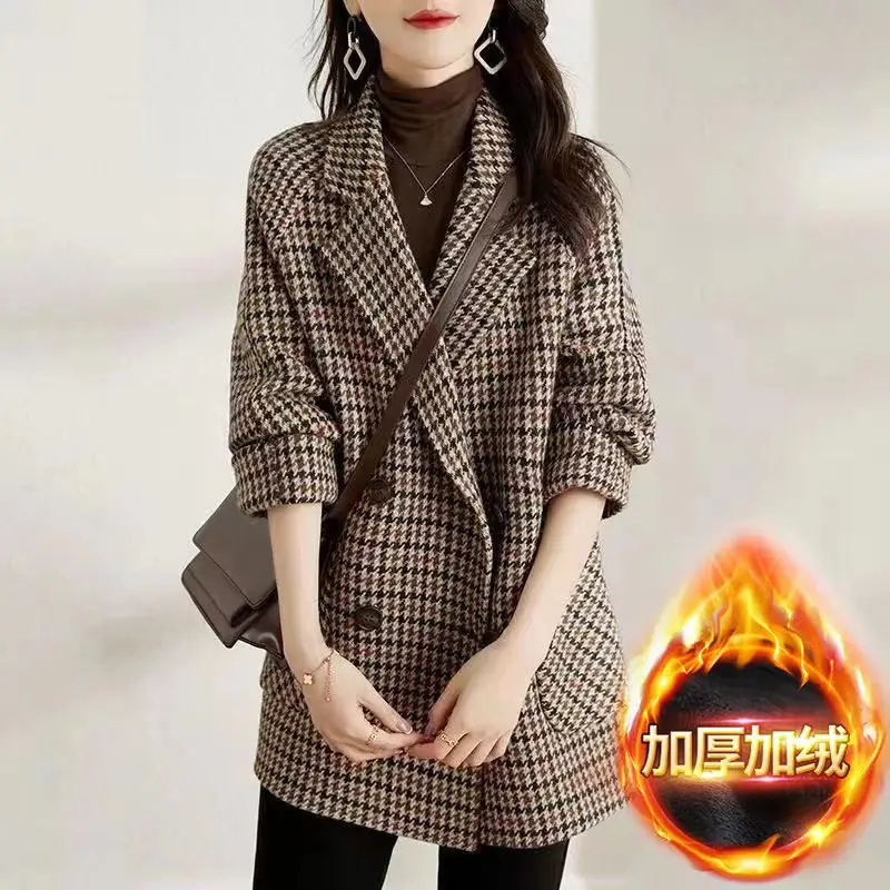 Women Houndstooth Woolen Jacket Autumn Winter Large