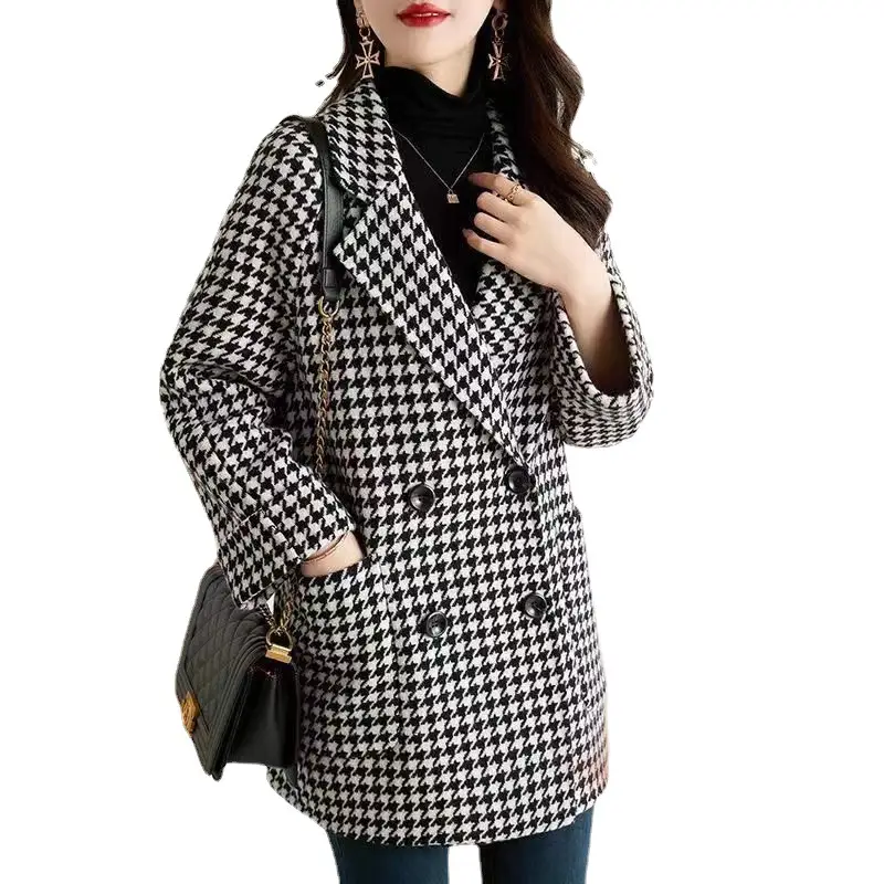 Women Houndstooth Woolen Jacket Autumn Winter Large