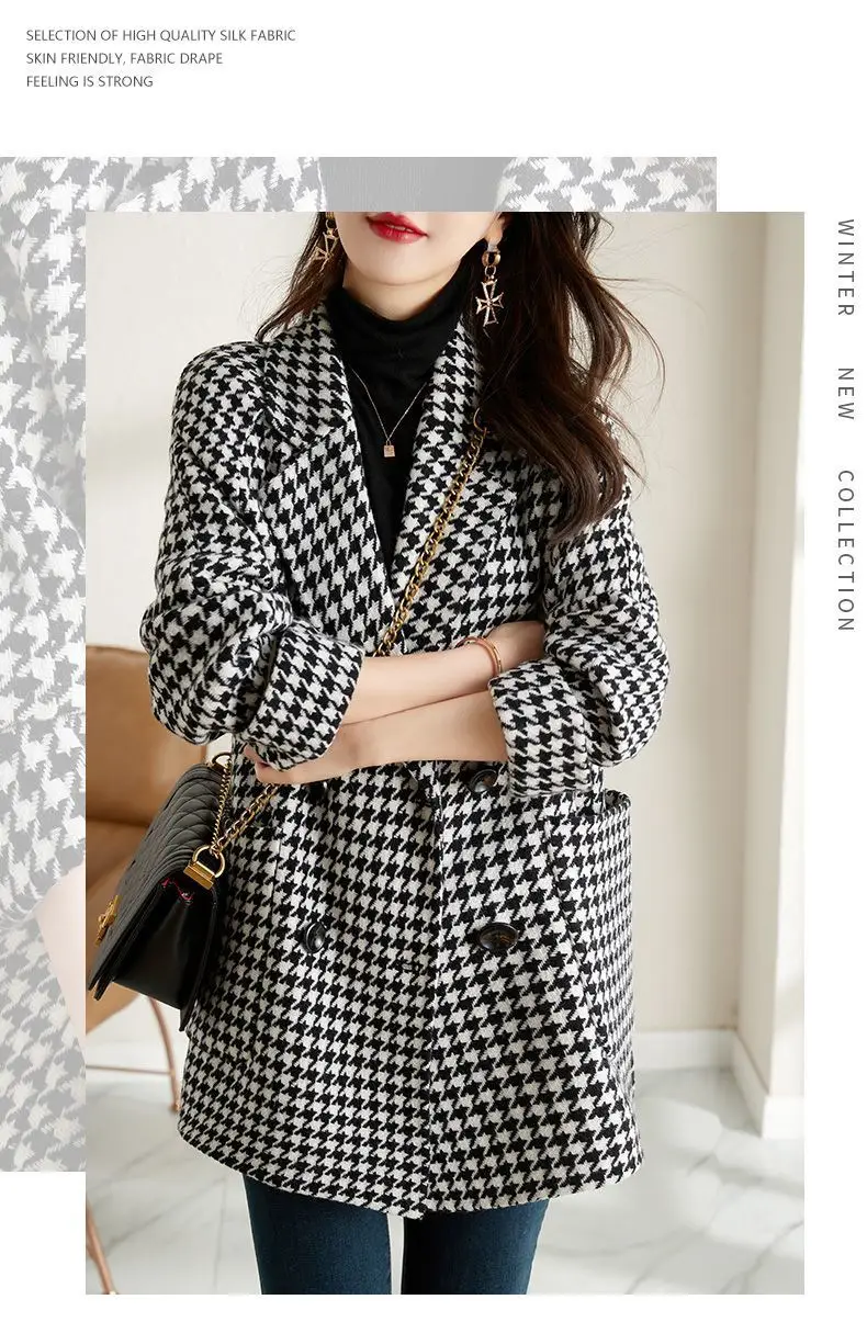 Women Houndstooth Woolen Jacket Autumn Winter Large — feature 17