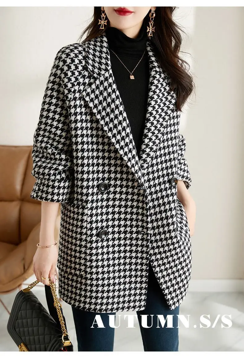 Women Houndstooth Woolen Jacket Autumn Winter Large — feature 18