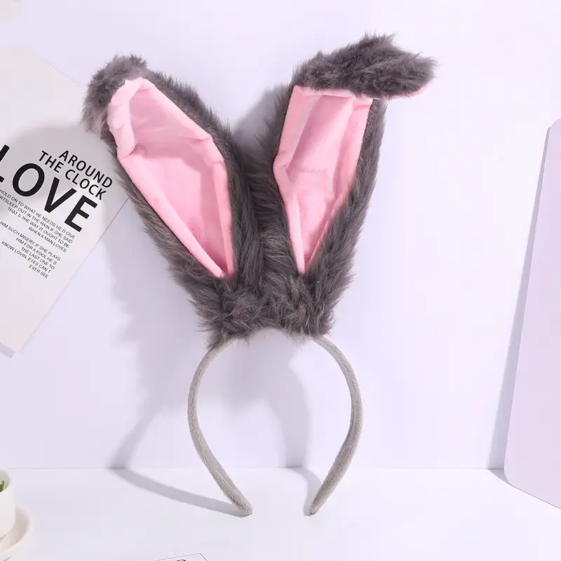 Plush Rabbit Ears Headband White Pink Bow Decor - Image 13