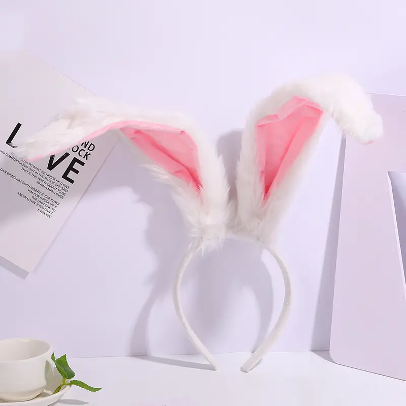 Plush Rabbit Ears Headband White Pink Bow Decor - Image 14
