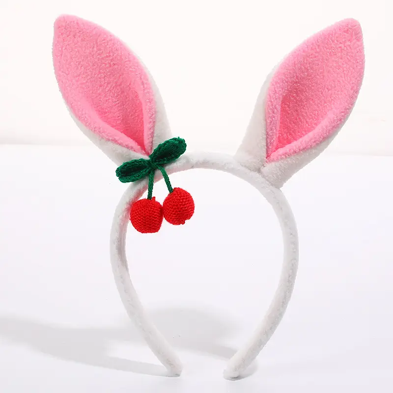 Plush Rabbit Ears Headband White Pink Bow Decor - Image 2