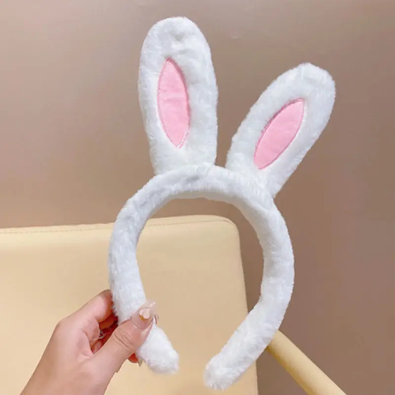 Plush Rabbit Ears Headband White Pink Bow Decor - Image 36